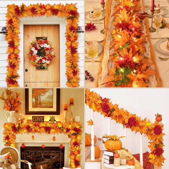 Fall Garland -Fall Decor 5.9‎ FT  Leaves Garland with Lights, Artificial Autumn - Picture 7 of 8